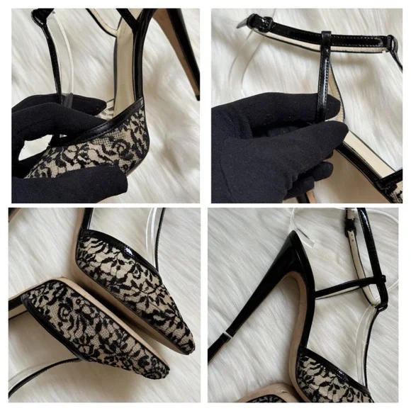Bottega Veneta Black & Beige Lace “Perfect T” Strap Pointed Toe Pumps. Auth. - Picture 14 of 17